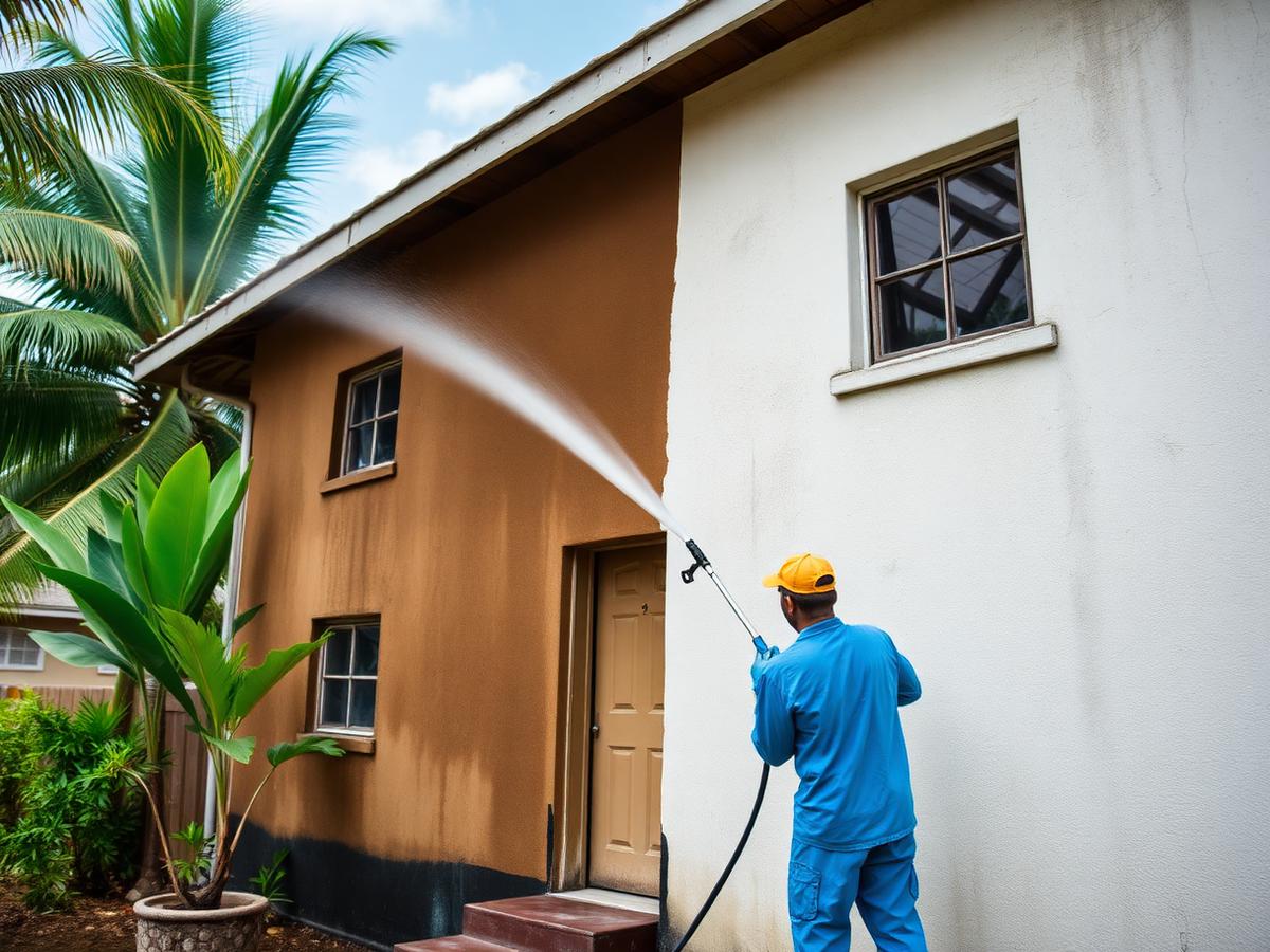 Contractor pressure washing the exterior wall of a tropical home