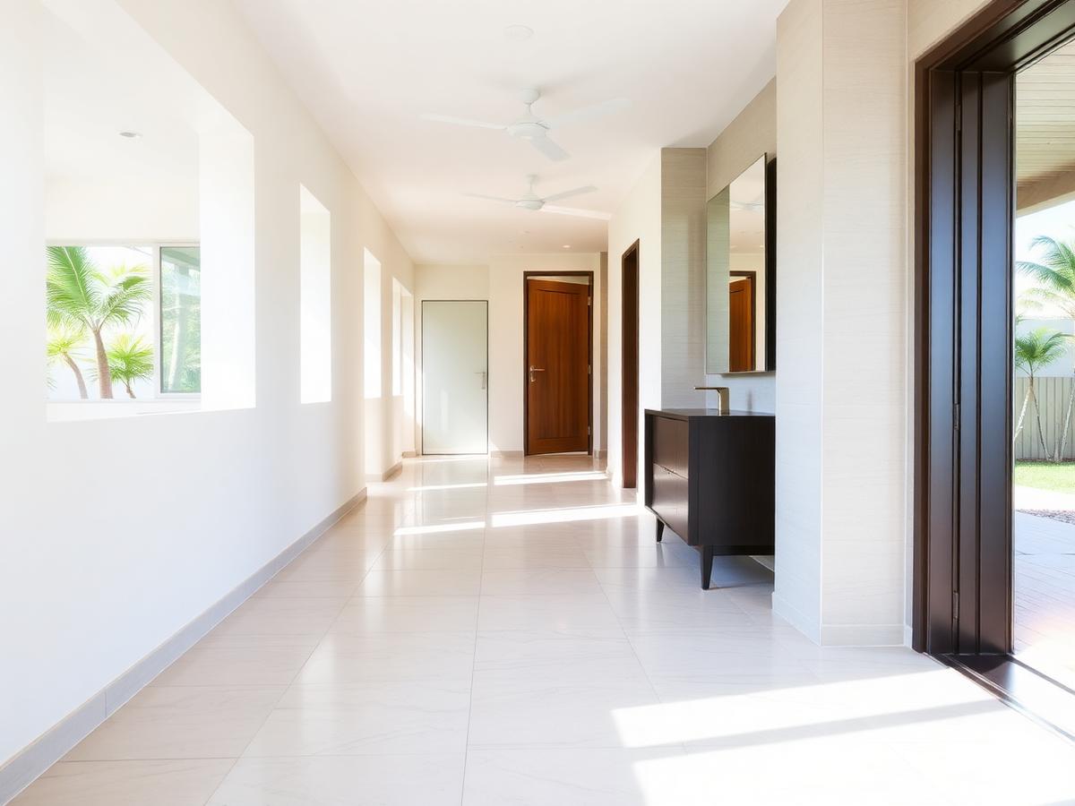 Newly tiled bright hallway with large format floor tiles